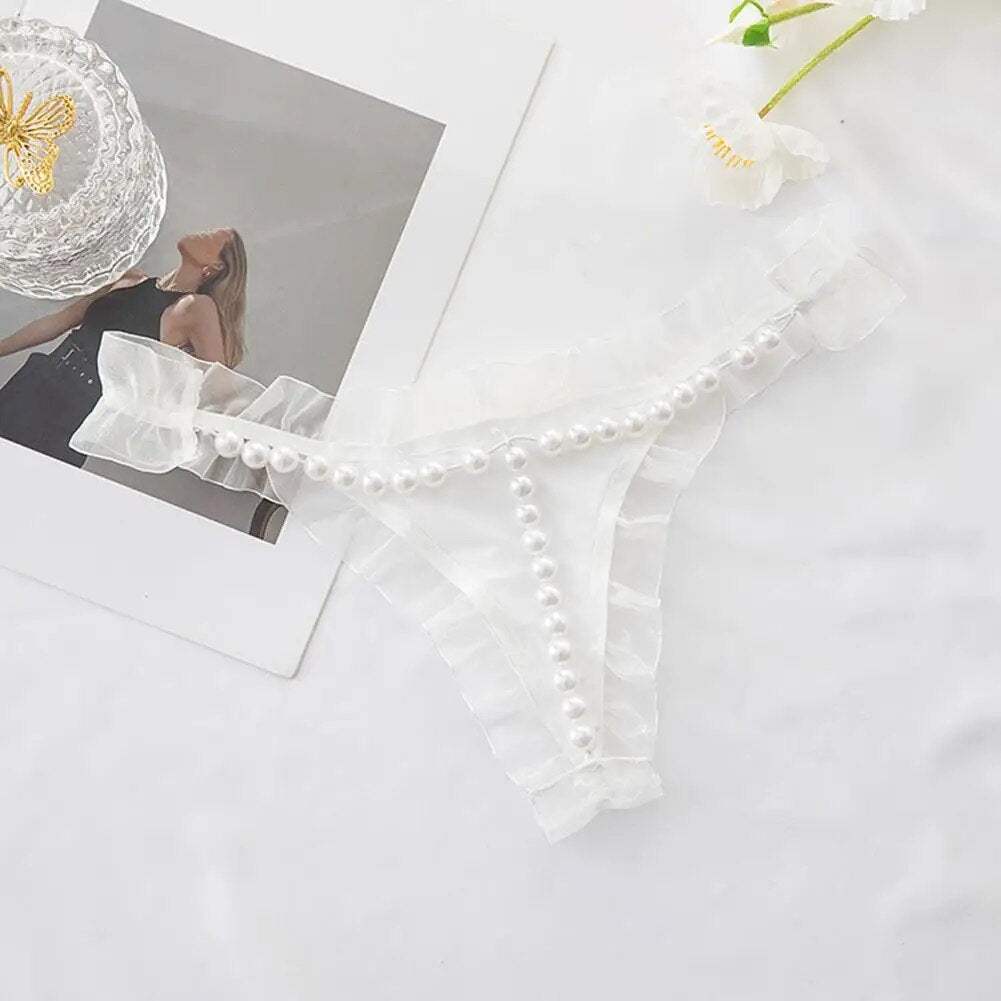 Sexy  Lace Thong with Faux Pearl Decor Open Crotch Low Waist Hot Lady G-string Panties (Pack of 3)