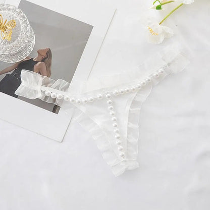 Sexy  Lace Thong with Faux Pearl Decor Open Crotch Low Waist Hot Lady G-string Panties (Pack of 3)