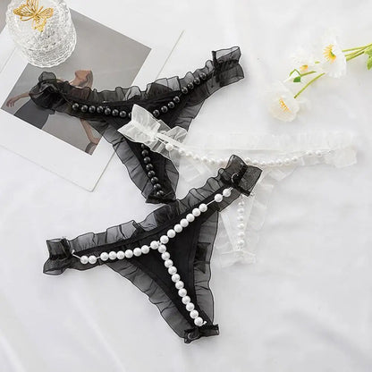 Sexy  Lace Thong with Faux Pearl Decor Open Crotch Low Waist Hot Lady G-string Panties (Pack of 3)