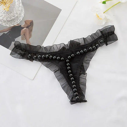 Sexy  Lace Thong with Faux Pearl Decor Open Crotch Low Waist Hot Lady G-string Panties (Pack of 3)